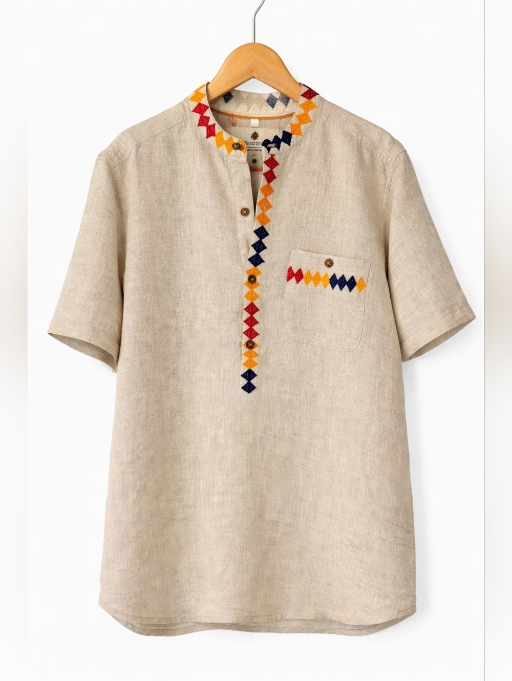 The Territory Ahead Men's Beige Short-Sleeve Linen Shirt Multicolor Embroidery M